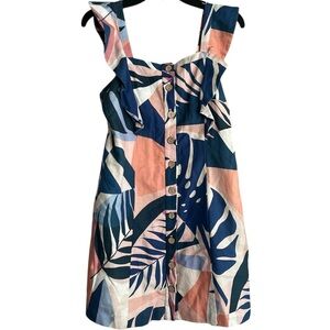 Hutch‎ Navy Leaf Print Square Neck Ruffle Button Down Cotton Linen Mini Dress 2